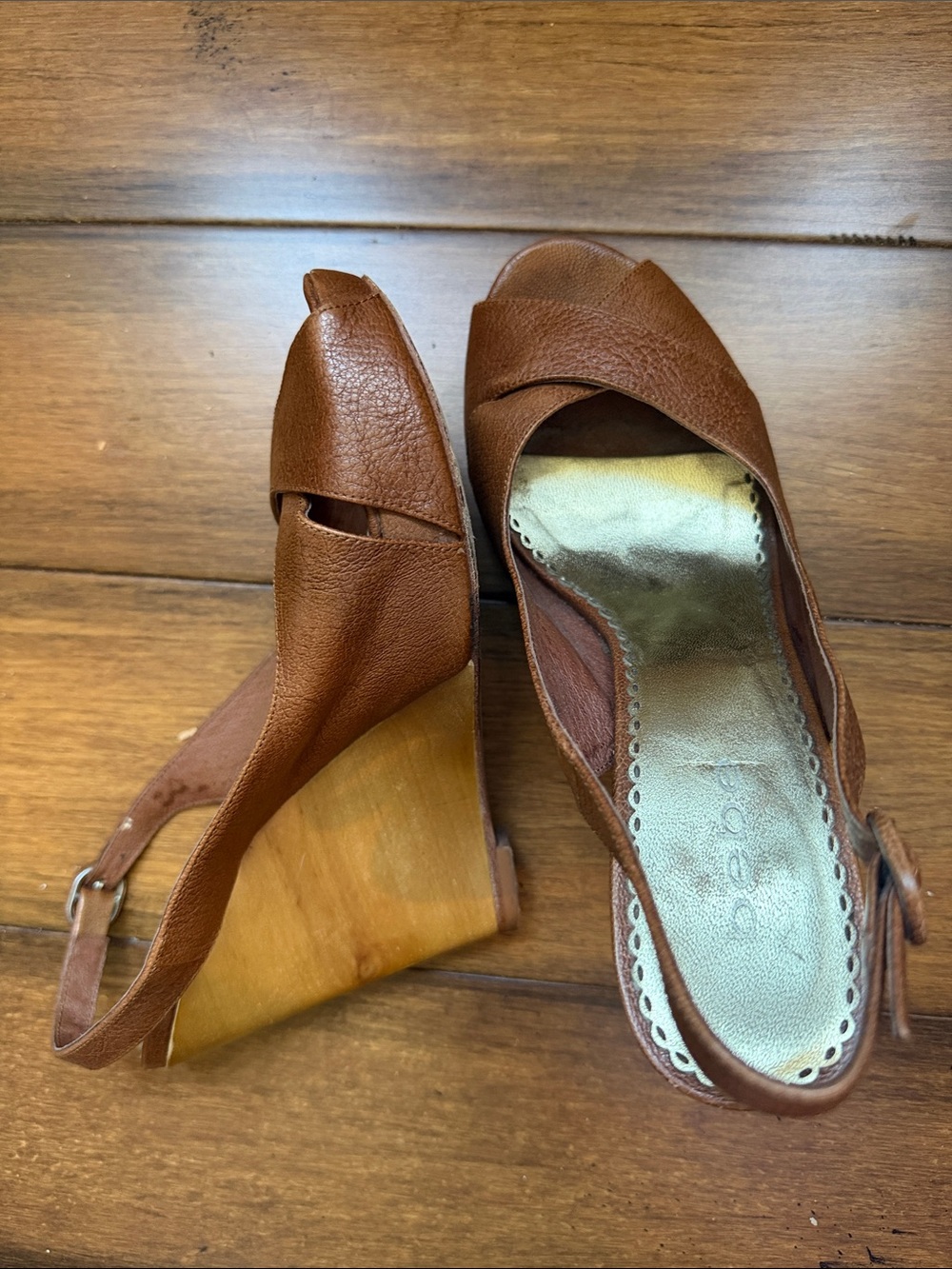 bebe Brown Leather Open-Toe Slingback Wedge Sandals